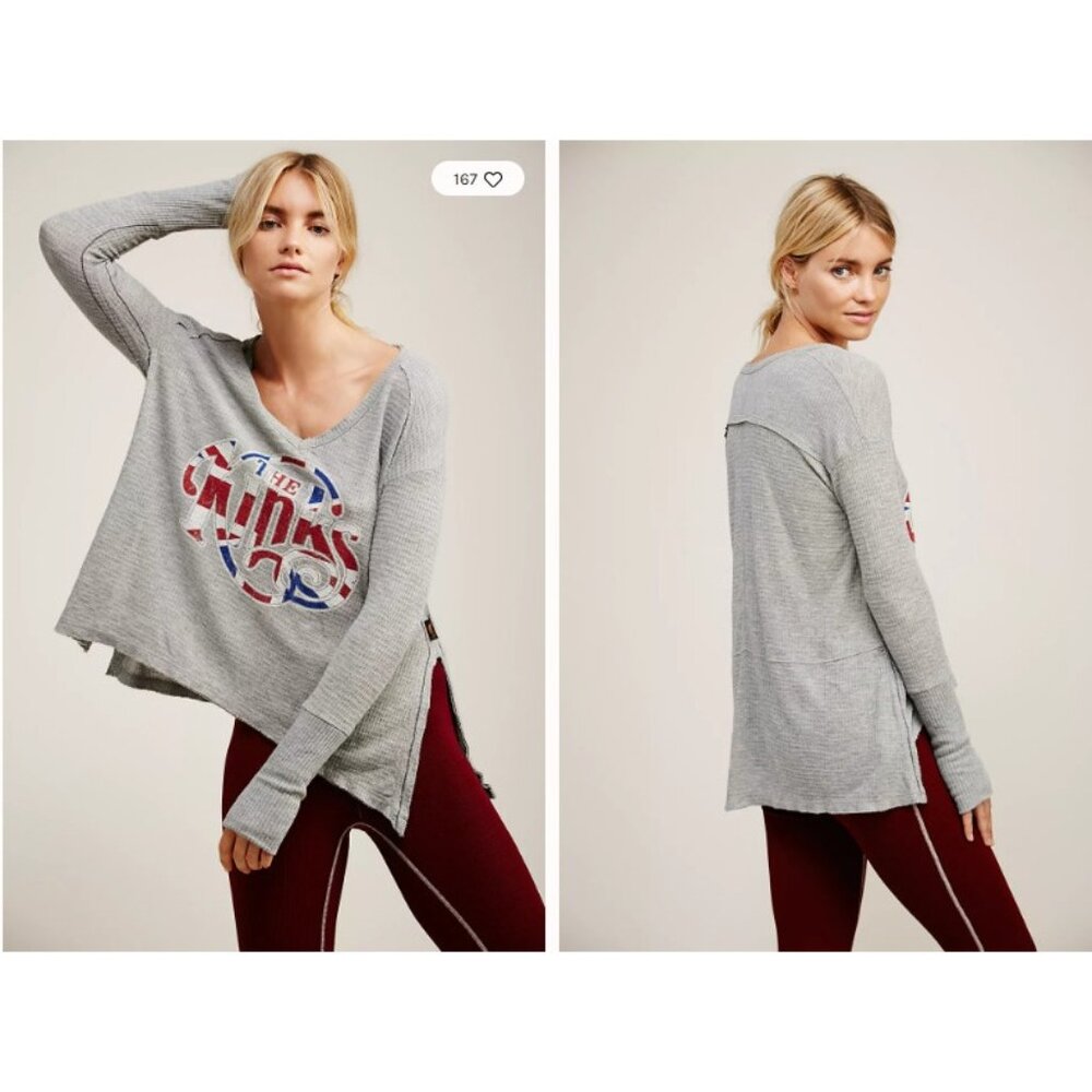 Free People x Trunk The Kinks Waffle Long Sleeve Thermal Knit Tee Shirt Gray S